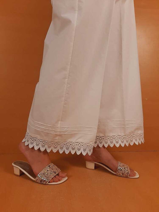 Cotton Palazzo With Bottom Lace - White  - ZT471