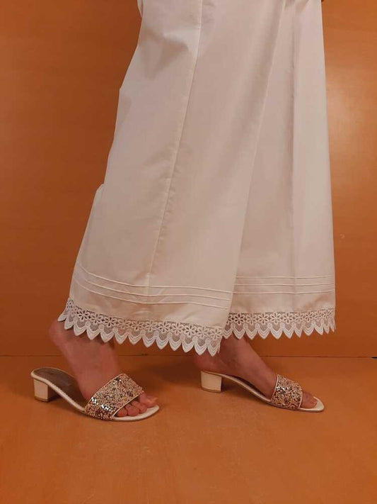 Cotton Palazzo With Bottom Lace - White  - ZT471