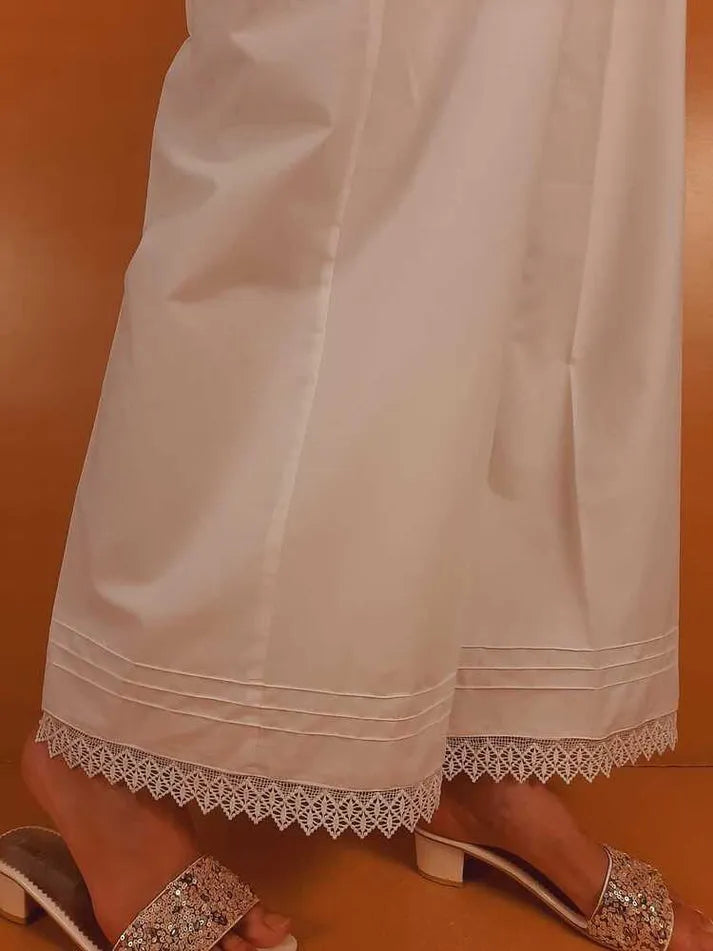 Cotton Palazzo With Bottom Lace - White - ZT301