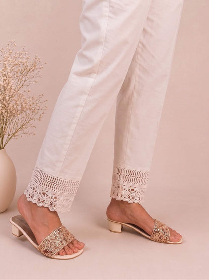 Cotton Trouser With Bottom Lace - White - ZT473