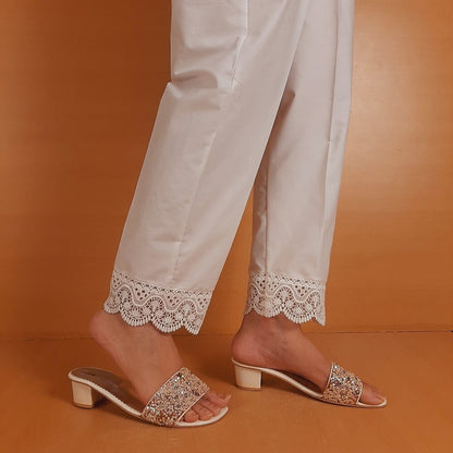 Cotton Trouser With Bottom Lace - White - ZT225