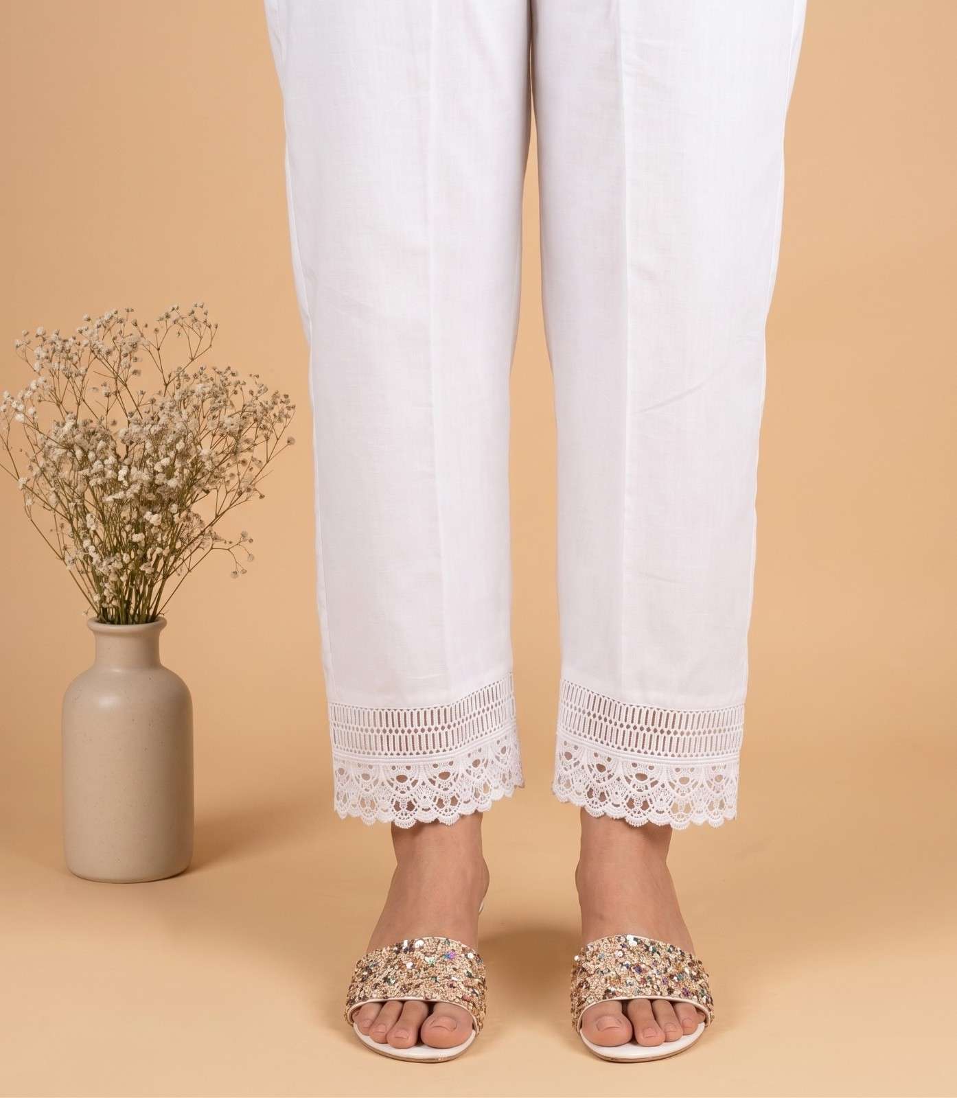 Cotton Trouser With Bottom Lace - White - ZT473