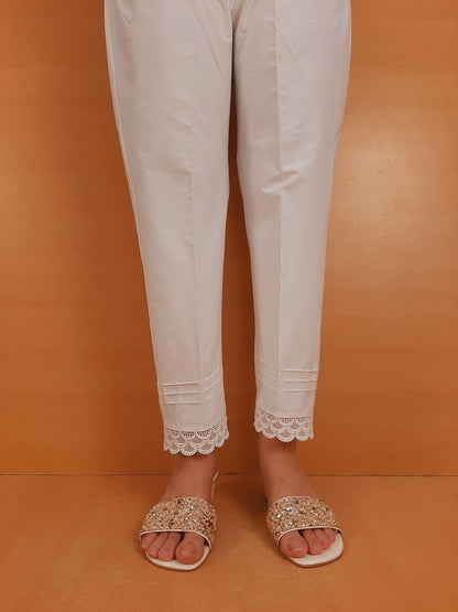 Cotton Trouser With Bottom Lace - White  - ZT313