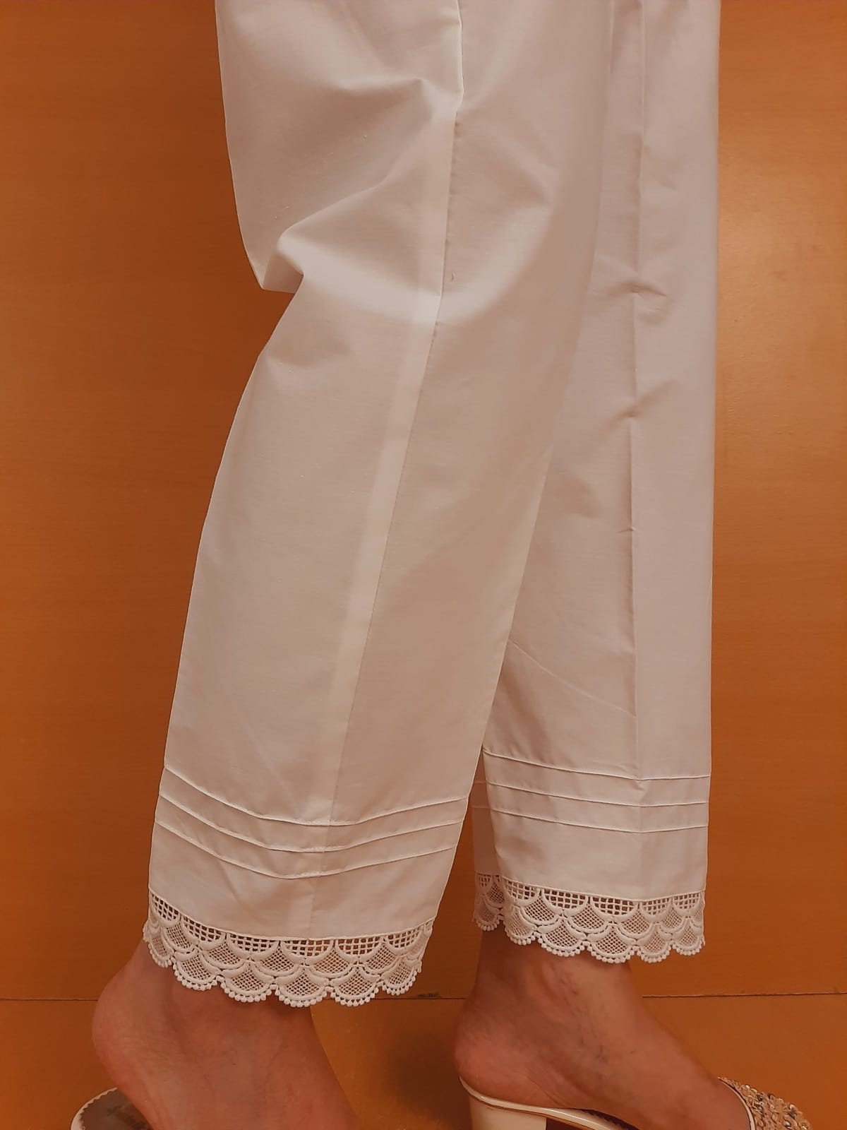 Cotton Trouser With Bottom Lace - White  - ZT313