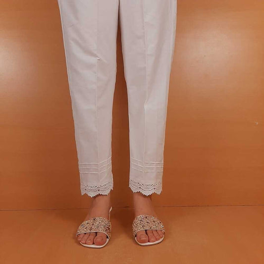 Cotton Trouser With Bottom Lace - White - ZT319