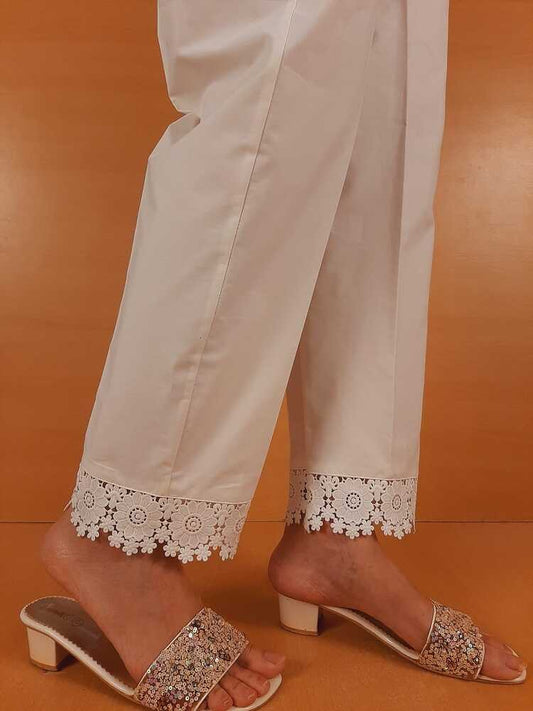 Cotton Trouser With Bottom Lace - White  - ZT404