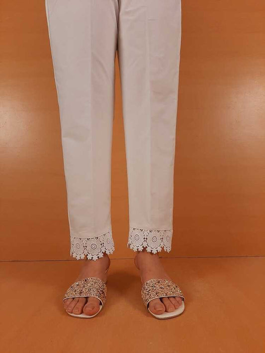 Cotton Trouser With Bottom Lace - White  - ZT404