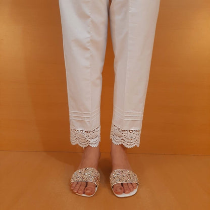 Cotton Trouser With Bottom Lace - White - ZT473