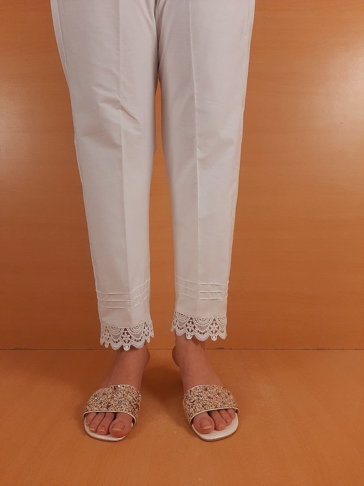 Cotton Trouser With Bottom Lace - White - ZT508