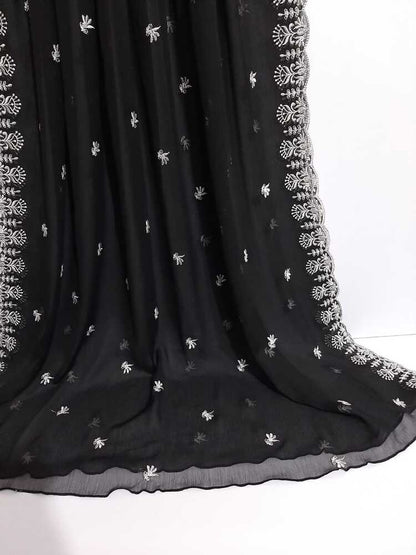 Cutwork Embroided Chiffon Dupatta – Black / White - ZD30