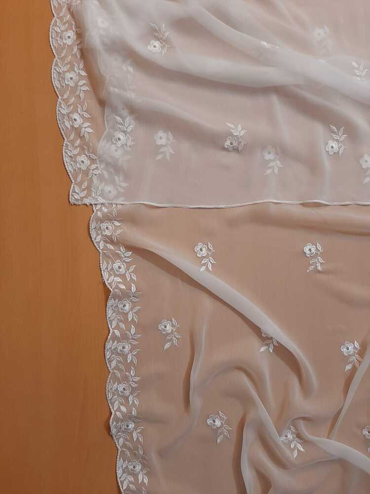 Cutwork Embroided Chiffon Dupatta - Dyeable - White - ZD904