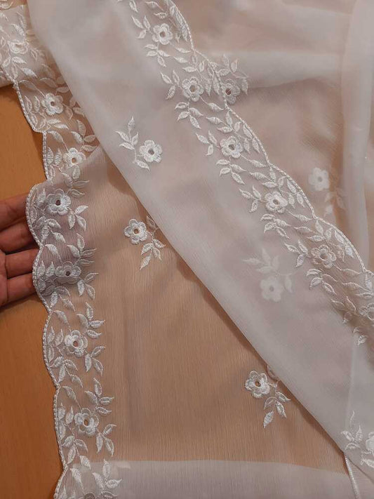 Cutwork Embroided Chiffon Dupatta - Dyeable - White - ZD904