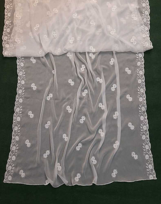 Cutwork Embroided Chiffon Dupatta - Dyeable - White