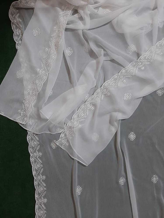 Cutwork Embroided Chiffon Dupatta - Dyeable - White - ZD890