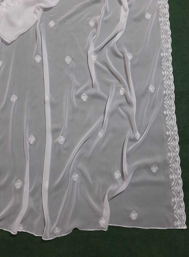 Cutwork Embroided Chiffon Dupatta - Dyeable - White - ZD890