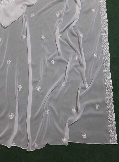 Cutwork Embroided Chiffon Dupatta - Dyeable - White - ZD890