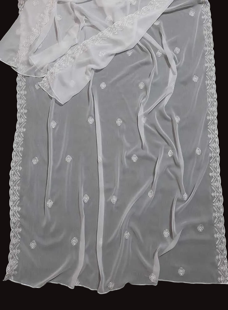 Cutwork Embroided Chiffon Dupatta - Dyeable - White - ZD890
