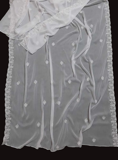 Cutwork Embroided Chiffon Dupatta - Dyeable - White - ZD890
