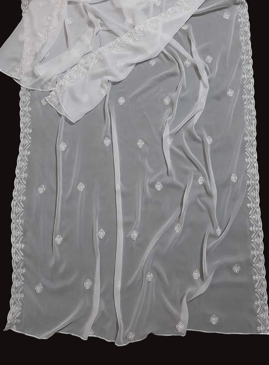 Cutwork Embroided Chiffon Dupatta - Dyeable - White - ZD890