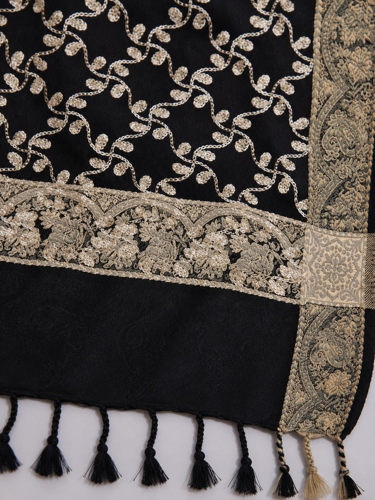 Black winter shawl with intricate gold-toned embroidery, ornate patterned borders and decorative tassels