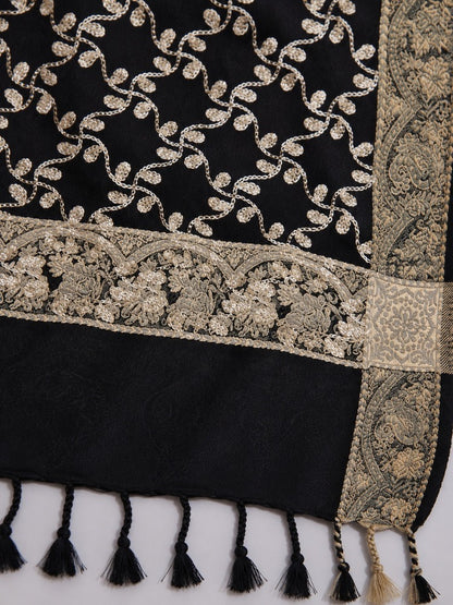 Black winter shawl with intricate gold-toned embroidery, ornate patterned borders and decorative tassels