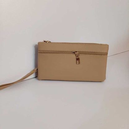 Double Zip Soft Leather Wallet - Beige - W07