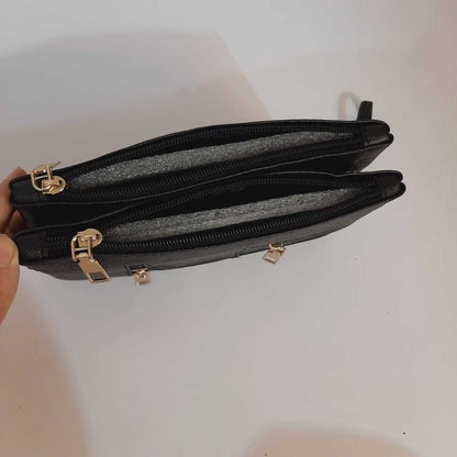 Double Zip Soft Leather Wallet - Black - W09
