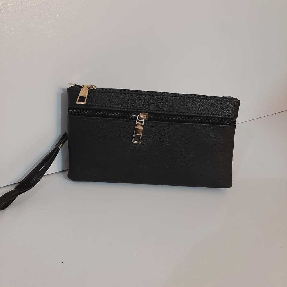 Double Zip Soft Leather Wallet - Black - W09