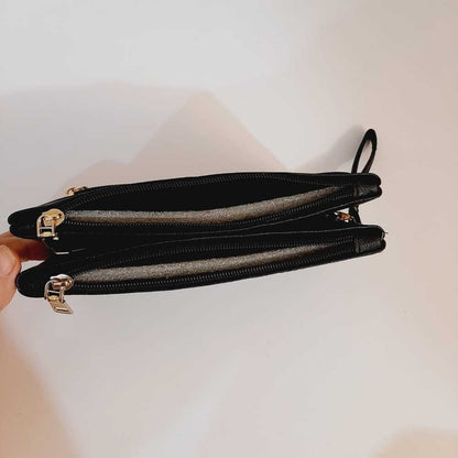 Double Zip Soft Leather Wallet - Black - W07
