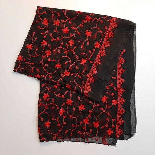 Embroided Chiffon Dupatta Black/Red - ZD607