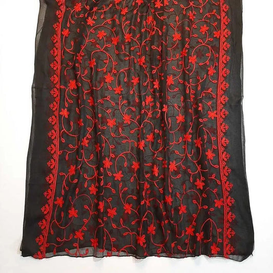 Embroided Chiffon Dupatta Black/Red - ZD607