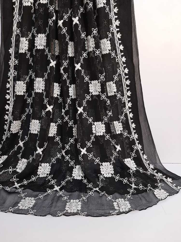 Embroided Chiffon Dupatta - Black - ZD874