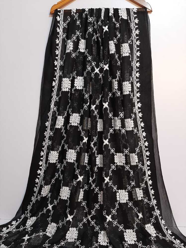 Embroided Chiffon Dupatta - Black - ZD874