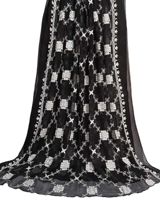 Embroided Chiffon Dupatta - Black - ZD874