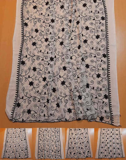 Embroided Chiffon Dupatta - White / Black