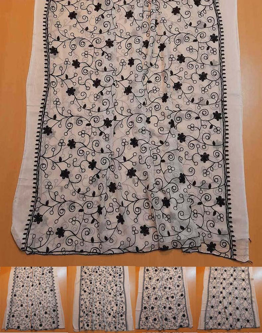 Embroided Chiffon Dupatta - White / Black