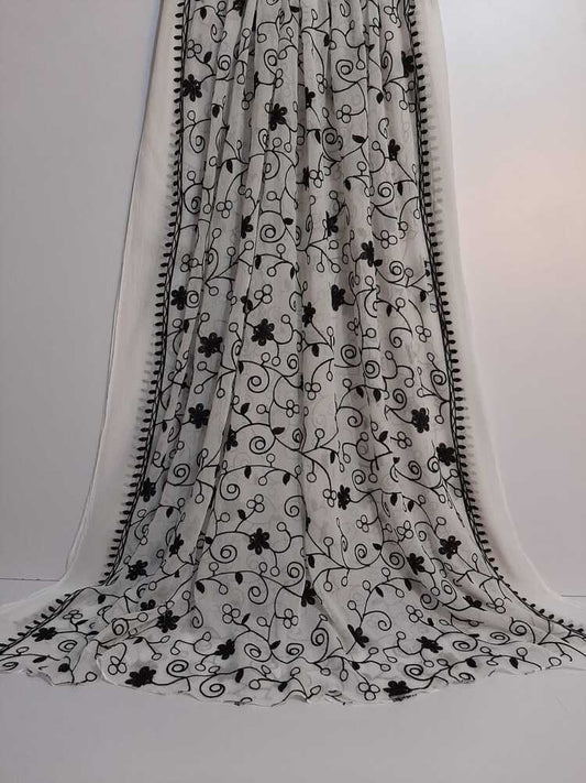 Embroided Chiffon Dupatta - White / Black - ZD636