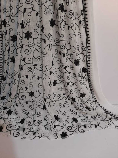 Embroided Chiffon Dupatta - White / Black - ZD636