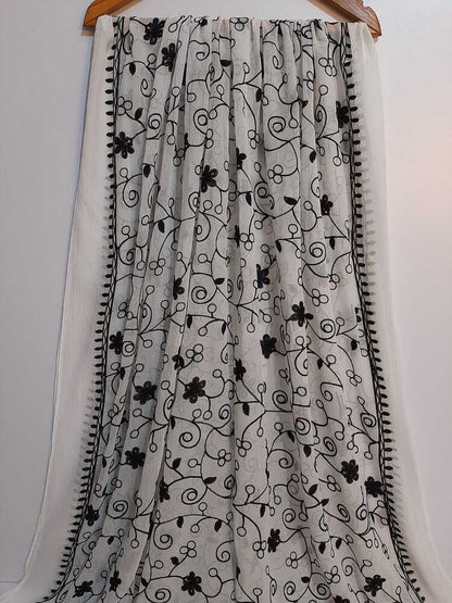 Embroided Chiffon Dupatta - White / Black - ZD636