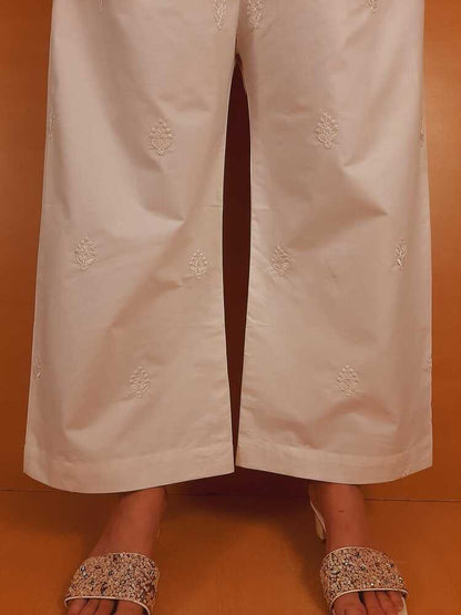 Embroided Cotton Palazzo - White - PT29