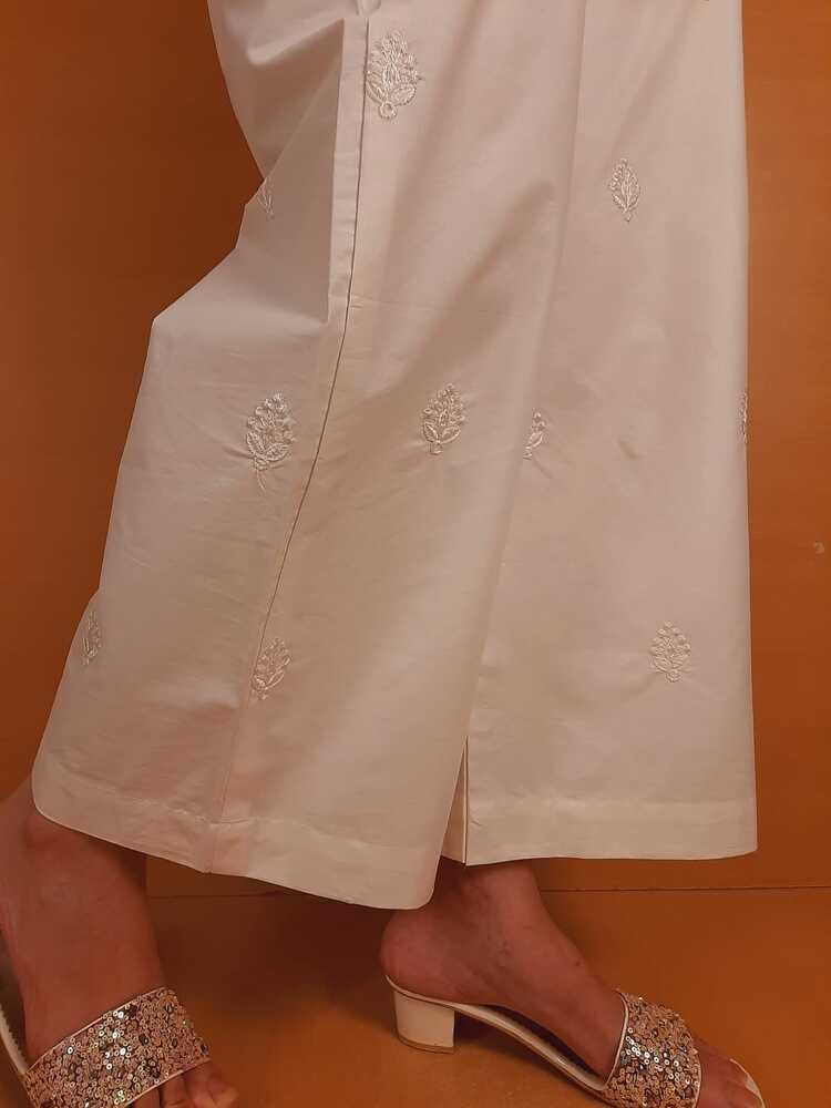 Embroided Cotton Palazzo - White - PT29