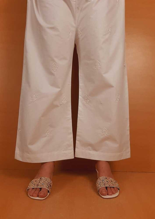 Embroided Cotton Palazzo - White - PT29