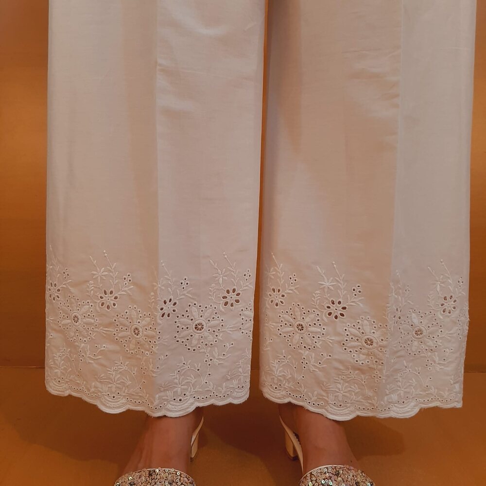 Embroided Cotton Palazzo - White - ZT401