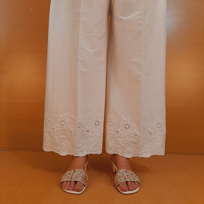 Embroided Cotton Palazzo - White - ZT401