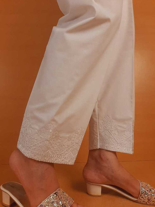 Embroided Cotton Trouser - White - PT02
