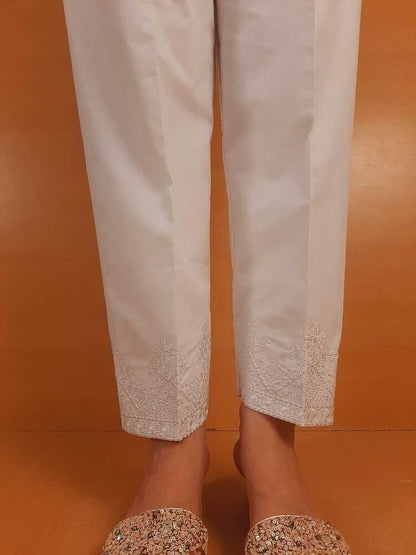 Embroided Cotton Trouser - White - PT02