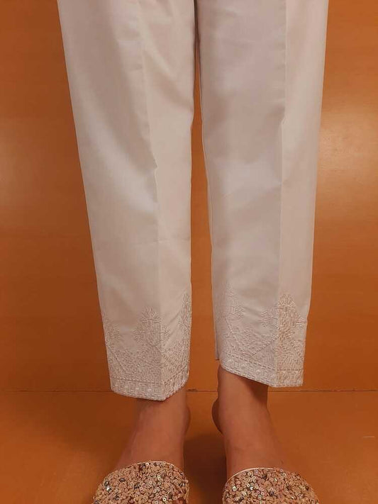Embroided Cotton Trouser - White - PT02