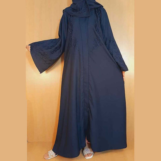 Embroided - Front Open - Nidah Abaya With Scarf - Navy - ZA122