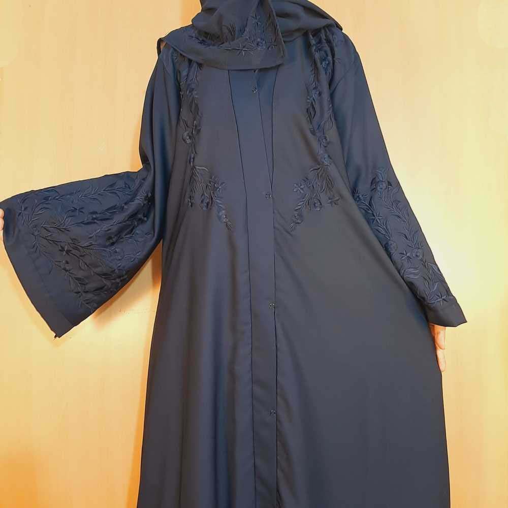 Embroided - Front Open - Nidah Abaya With Scarf - Navy - ZA122