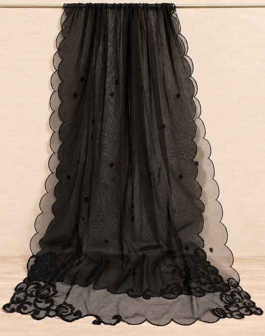 Embroided Khaadi Net Dupatta - Black - MK02